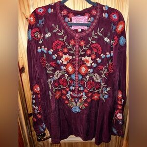 JOHNNY WAS BIYA Womens Burgundy Embroidered Boho Floral Tunic Top Blouse NWOT XL